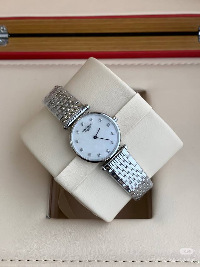 浪琴嘉岚系列，石英机芯女士腕表，表径24Mm，整表全精钢材质，白色珍珠贝母盘面，钻石刻度，公价16640，全套附件齐全，型号：L4.209.4.87.6