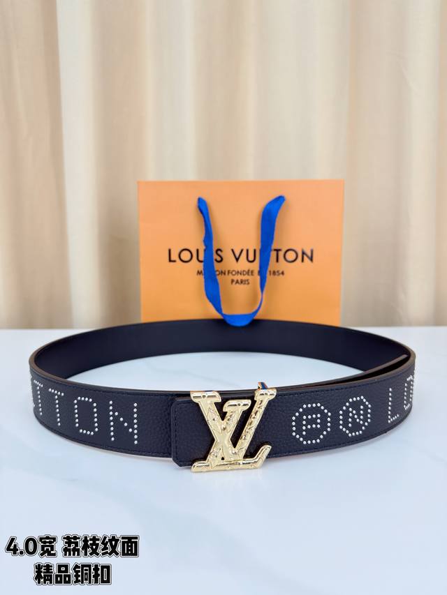 Lv 4.0Cm Brass Buckle Leather Belt, black pebbled leather, 4.0Cm wide design. Th