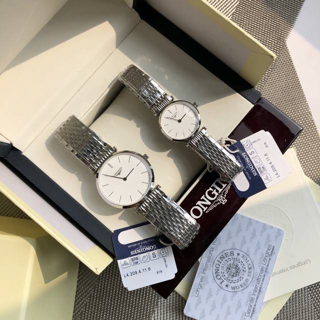 浪琴-Longines嘉岚系列 ，瑞士石英 超薄型情侣对表 ，天然贝母表盘，316L精钢壳套 蓝宝石水晶镜面 防水 经典时尚 ，大号直径34Mm 小号直径24.