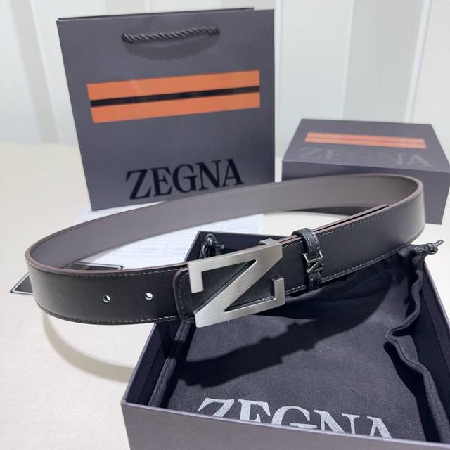 Zegna Z-buckle leather belt, double-sided cowhide with a smooth texture, simple