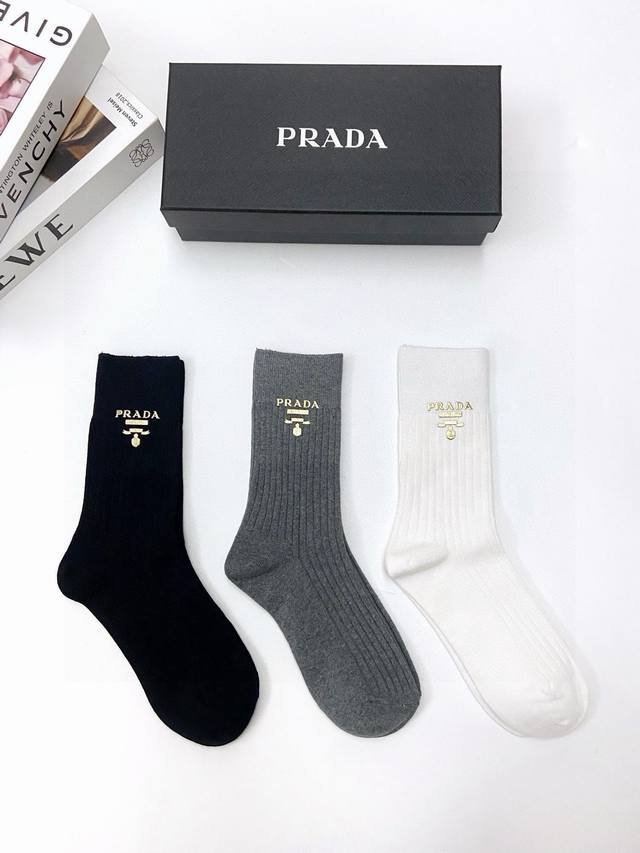 With Packaging DDD One Box of 3 Pairs DDD Prada Classic Logo Pure Cotton Mid-Cal