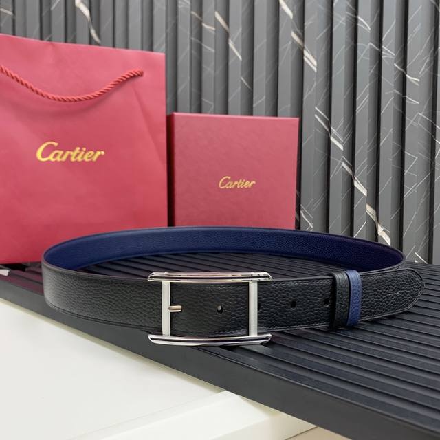 Palladium-plated finish pin buckle leather strap with Cartier logo. Black and b