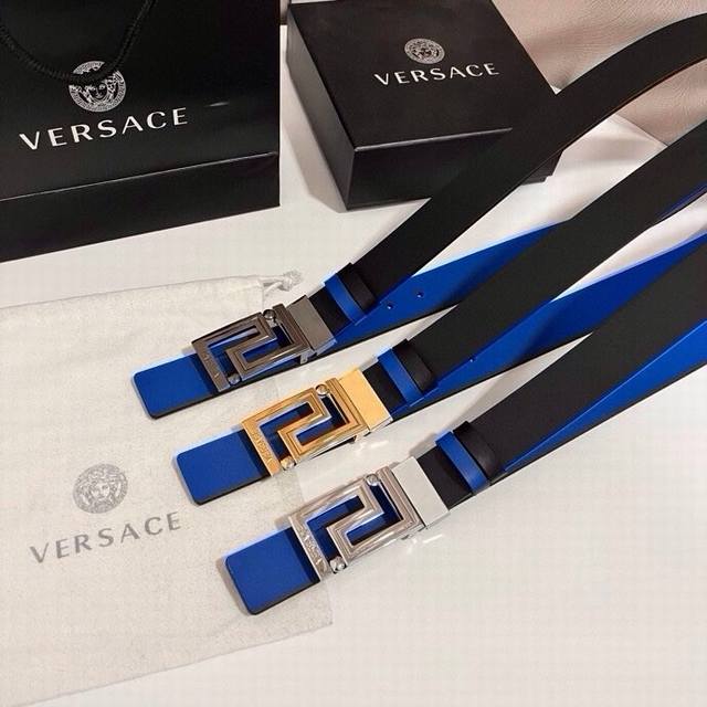 New Versace design. This double-sided calfskin belt features two different soli