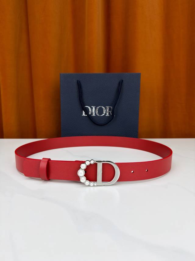 Dior 3.0cm exquisite belt, matte black leather with a damask pearl buckle, eleg