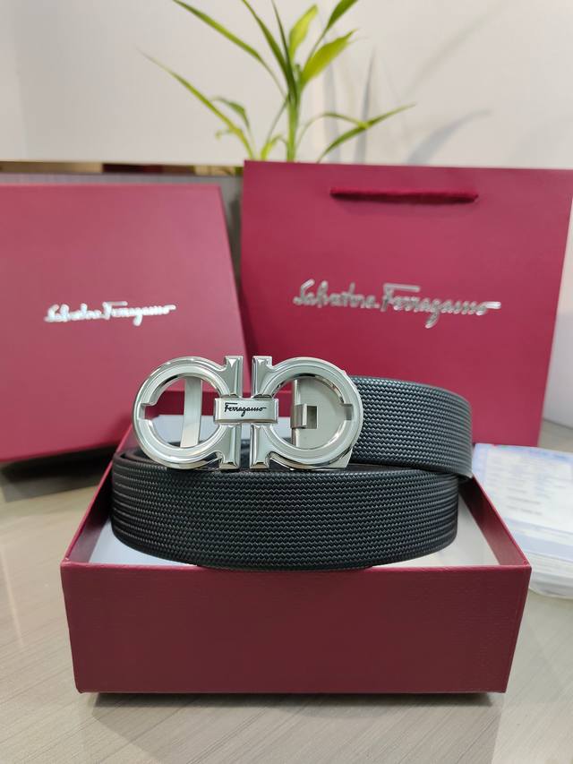 Ferragamo Men's Automatic Waist Belt - 34mm Width, Premium Steel Buckle, Soft t