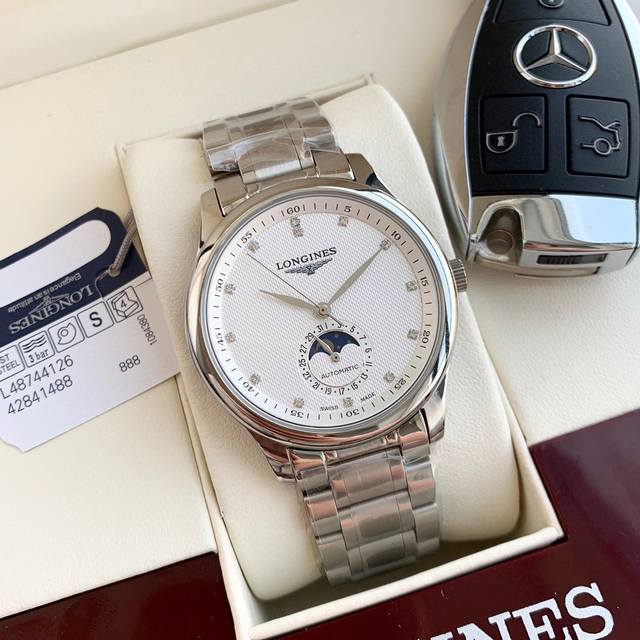 金+20 浪琴-Longines名匠系列 月相三针半男士腕表 全自动机械机芯 316L精钢表壳 矿物质超强玻璃镜面 进口小真牛皮 精钢表带 直径40Mm厚11M