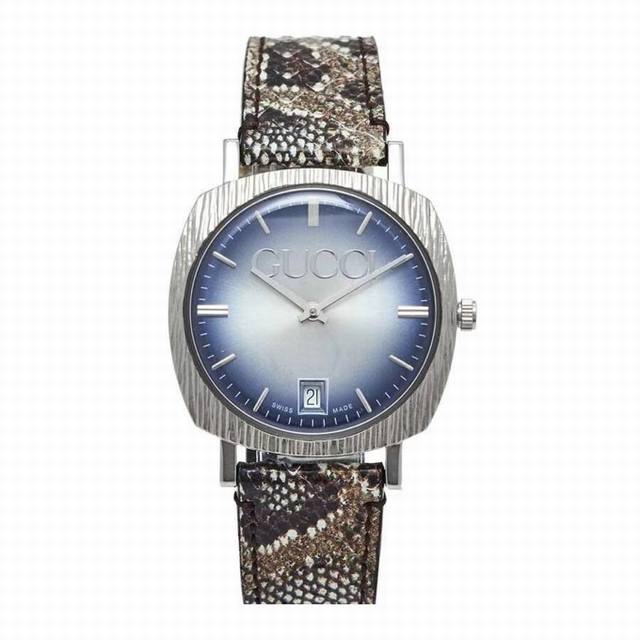 新款古驰，高颜值中性表～批 ,包装加30。经典古驰真蛇皮中性表，Original Gucci,古驰g-Timeless系列，复古经典logo天蓝色字面，真蛇皮表