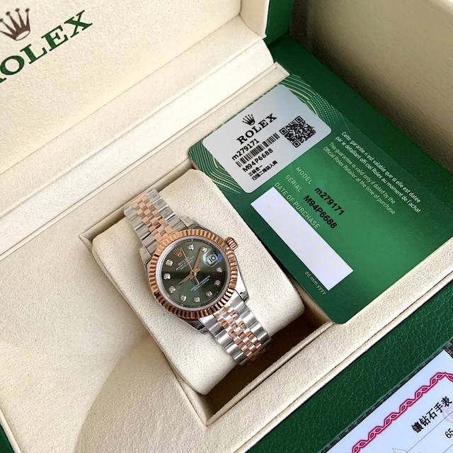 真钻款 劳力士rolex女款蚝式日志型腕表！表壳直28毫米。银白色表盘镶嵌10颗天然真钻时标，配国检gtc检测证书一表一遍码可扫可查，手表机身码 保卡 官网入检