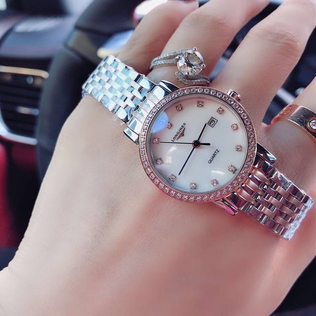 间玫瑰金 外镶钻 浪琴博雅系列情侣对表进口 石英机芯全钢壳不褪色尺寸女30M