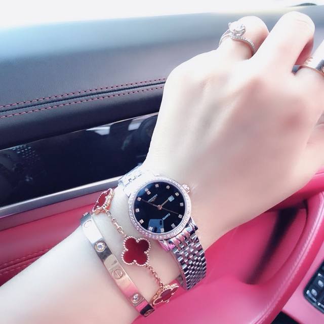 间玫瑰金 外镶钻 浪琴博雅系列情侣对表进口 石英机芯全钢壳不褪色尺寸女30M