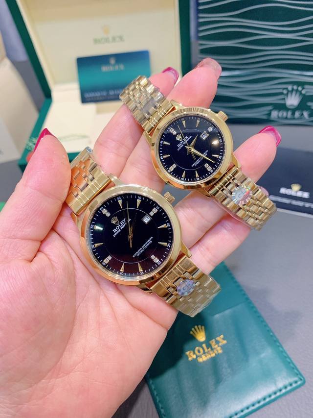 银 .金 .钢带加20 独家实拍，认准品质与细节 劳力士-Rolex 情侣对表 原装进口石英机芯 矿物质钢化镜面，316L精钢表壳 直径男39Mm女29Mm 厚