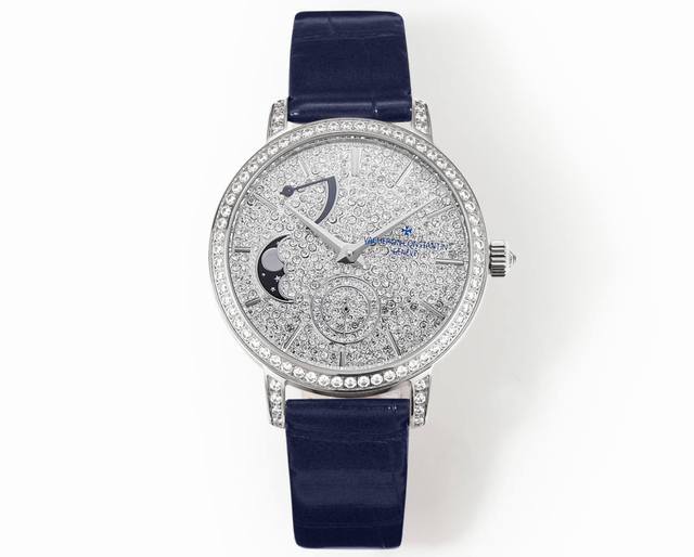 Tw出品白 金 全钻100 Tw Factory江诗丹顿传袭系列月相腕表搭配直径36毫米gv1 圆形白金表壳，表圈、表耳和表冠镶嵌了总重约1.2克拉的81颗美钻
