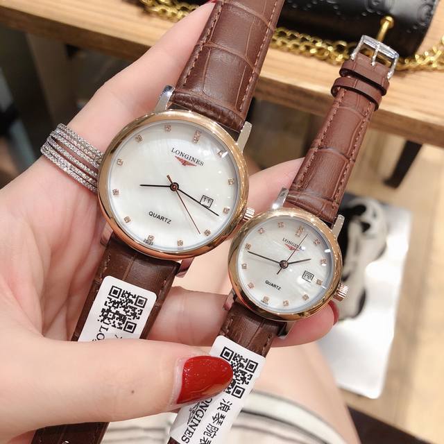 浪琴博雅系列带皮款 ！ 石英机芯 超薄表盘 情侣款 进机口芯 纯皮表带 简约百搭 经典必备 罗马.条丁字面.钻字石面 都 直径 男38Mm女29Mm