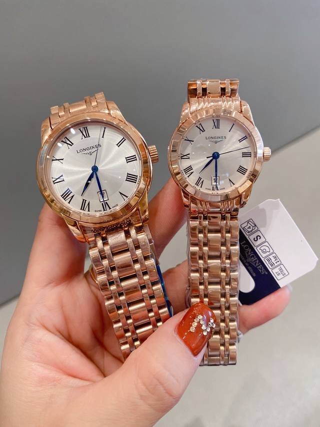 批白 金 钻圈30 浪 琴 Longines 索依米亚女表系列 原装进口日本石英机芯 316L精钢表壳 钢化镜面 传统三针设计 6字位日历星期显示 原装蝴蝶扣