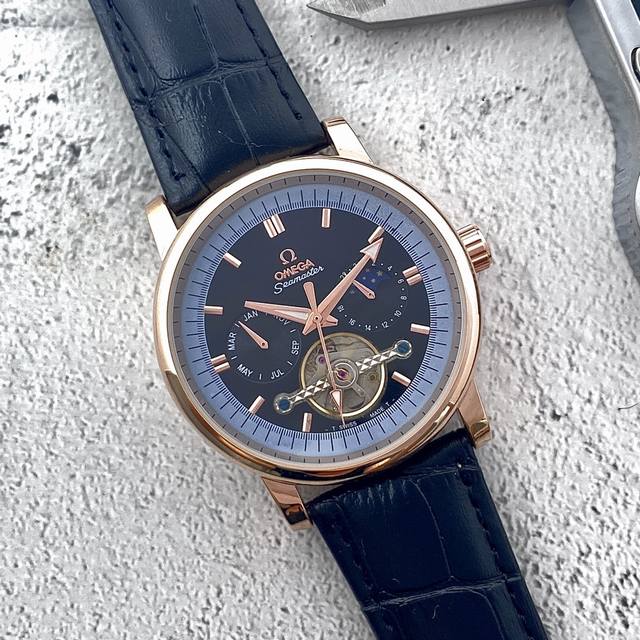 皮 钢带+20欧米茄 Omega 商务休闲飞轮机械男表，6字位大飞轮，让佩戴者腕间散发无穷魅力，全自动机械机芯，316L精钢材质，牛皮表带，直径：42Mm，厚度