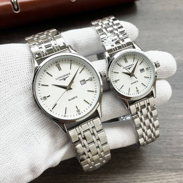 白 -金 钢带+20。最新经典浪琴-Longines 情侣对表 原装进口石英机芯 钢化玻璃 316L精钢表壳 直径男40Mm女30Mm 厚8Mm如果今天的阳光停