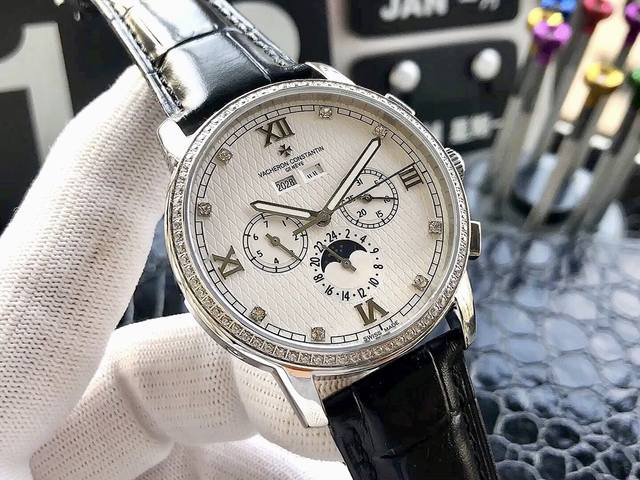 白壳 金玫 钻50 2023新品．推荐 江寺丹顿 最新款，传袭系列，火爆上市。超强夜光针，全新复杂日月星辰万年历多功能腕表搭载江寺丹顿cai.1141Qp自动上