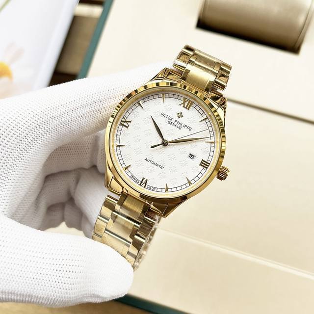 白 -金 钢带+20，百达斐丽-Patek Philippe 男士腕表 商务休闲 全新多功能风格 自动机械机芯 直径42Mm 厚底12Mm 钢化玻璃 316精钢