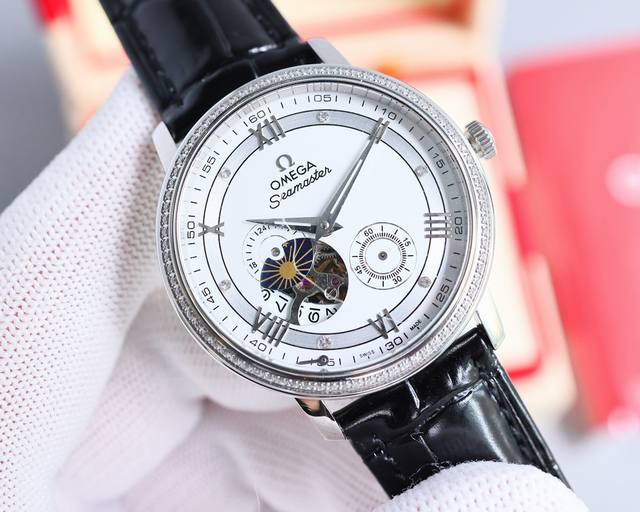 金白同价： 品牌：欧米茄omega 系列：蝶飞腕表系列 材质：316精钢表壳 蓝宝石镜面 皮带：牛皮皮带 原装折叠抽屉式拉扣 机芯：四针自动机械机芯尺寸：直径3