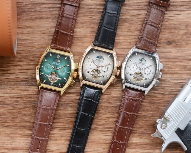 白 ，金 酒桶新品 震撼上市 最新 ：劳力士多功能设计 类型 ：精品男士腕表 表带 ：真牛皮表带 机芯 ：高端全自动机械机芯 镜面 ：矿物质强化玻璃 更高清 品