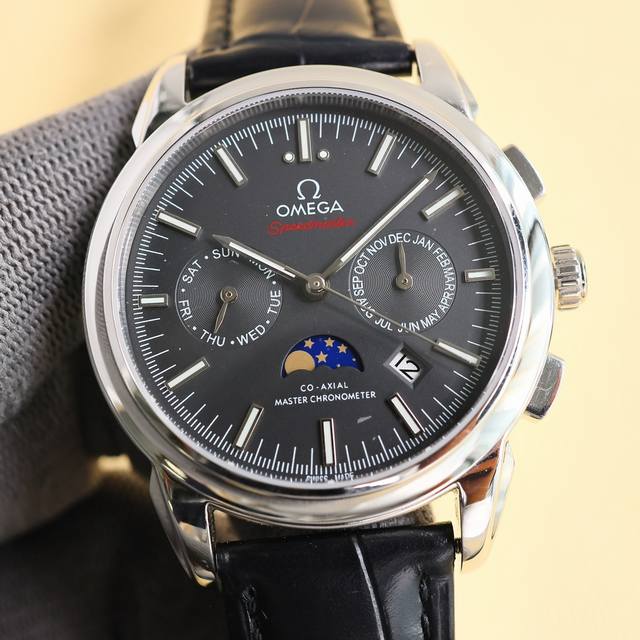 白壳 金玫壳 欧米茄 Omega 复杂系列六针男表爆款 多功能腕表！ 1搭载原装进口9100星期月份月相动能功能机芯机械表！ 2表盘上采用经典独家内影灯砖作为刻