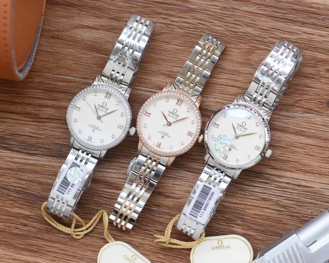 白 金 钢带+20 钻圈+20 欧米茄-Omega 女士腕表 进口石英机芯 316L精钢表壳 直径34Mm厚8Mm该款腕表备受女性喜爱，四季衣服搭配，尽显优雅在