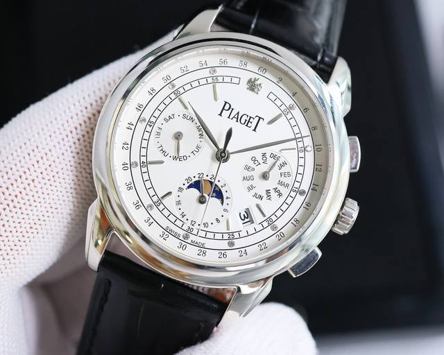 白 -金 伯爵piaget珍品系列！高雅风范多功能腕表，工艺上乘和繁复，耀眼生辉 搭配9100机芯 零返修 功能汇集星期 月份 日期 月亮 太阳等功能于一身，直