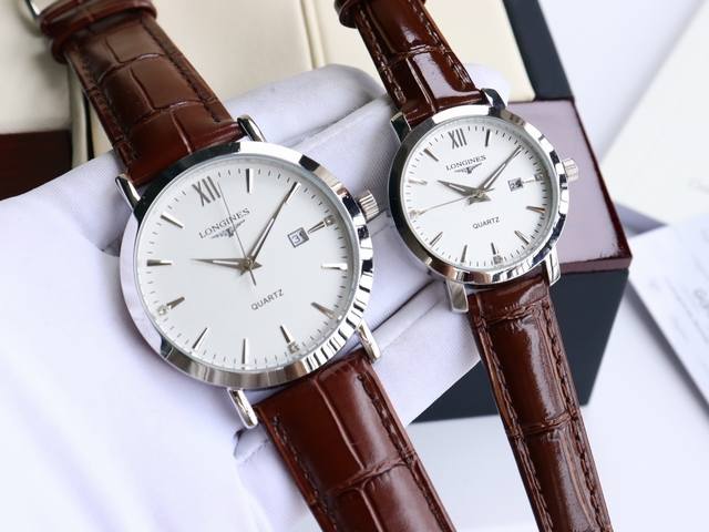 白壳 .玫 钢带加20 独家实拍，认准品质与细节 浪琴-Longines 新款情侣对表 原装进口石英机芯 矿物质玻璃镜面 316L精钢表壳 直径男40Mm女30
