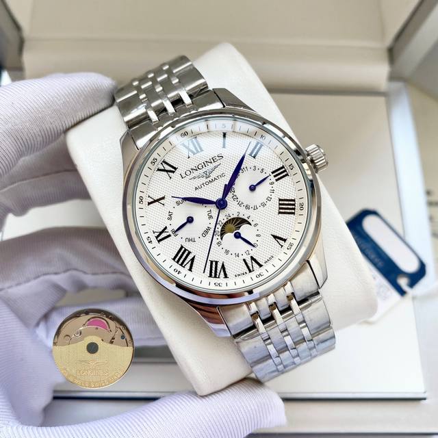 白壳 ，玫瑰金 ，钢带+20。浪琴名匠罗马多功能腕表 3点6点9点位置分别设有星期 日期 24小时月相功能 采用3836机芯 稳定 走时精准 壳侧身更是采用了拉