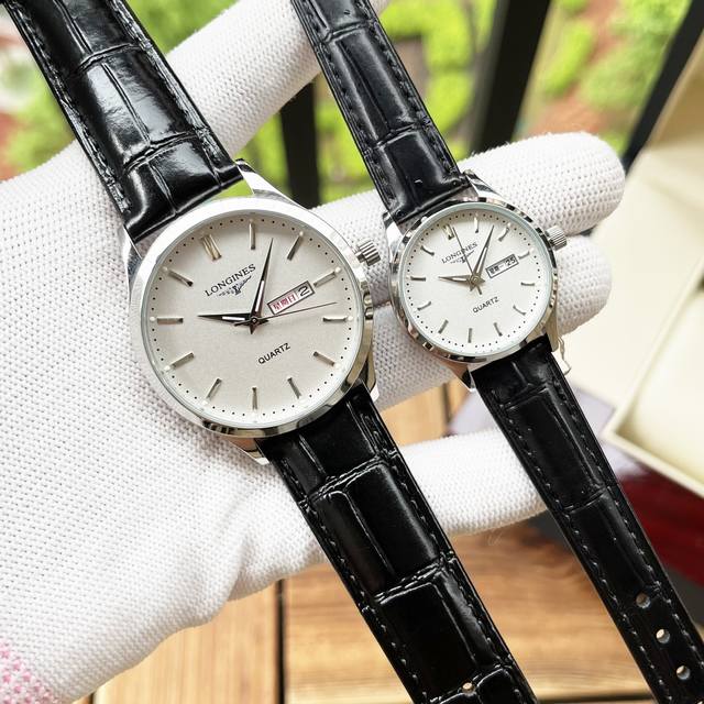 白壳 ，玫瑰金 ，钢带+20。 时尚风格 优雅大方 浪琴-Longines 情侣对表 进口石英机芯 矿物强化玻璃 316L精钢表壳 真皮 精钢表带 简约休闲 经