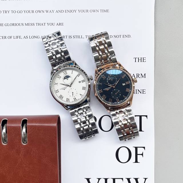 白 金 钢20浪琴-Longines 简约时尚月相男士机械 搭载顶级全自动机械机芯 6字位月相显示 简约三针半设计 优雅大气 316L精钢壳套 进口小牛皮表带