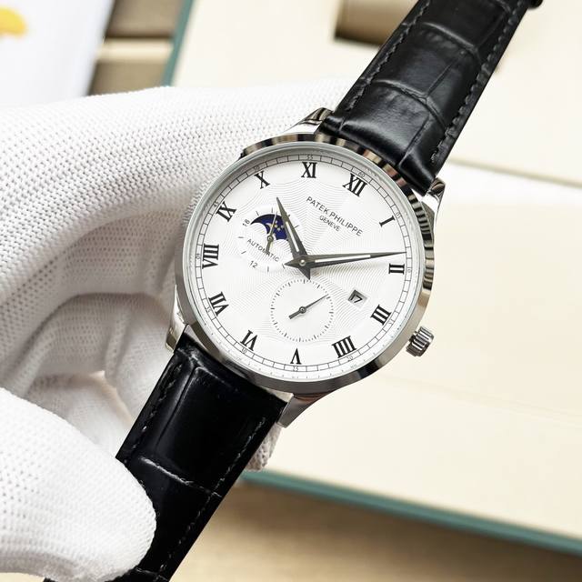 白 金 钢带+20。。百达斐丽-Patek Philippe 男士腕表 商务休闲 全新多功能设计 自动机械机芯 直径42Mm 厚底12Mm 钢化玻璃 316精钢