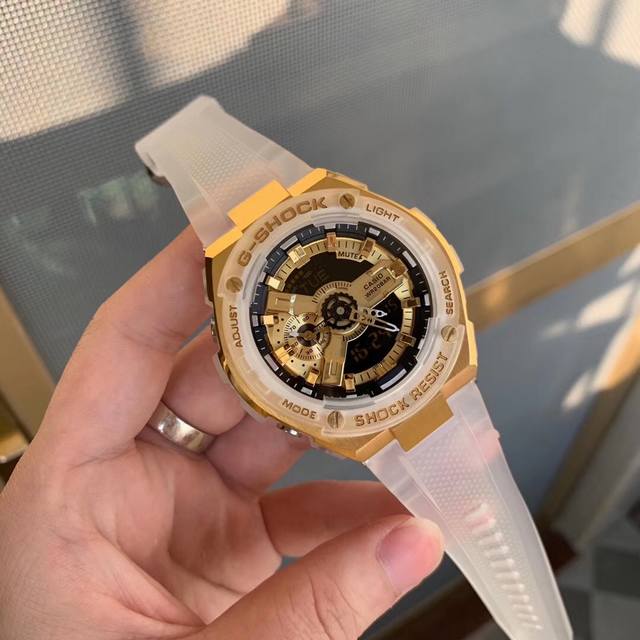 卡西欧gst-400G系列、G-Shock经典防震表盘设计、配合冲击视觉的强烈色彩、抬手自动亮灯、Lcd液晶显示盘、精确到1 0秒的秒表计速功能、防震、防磁、4