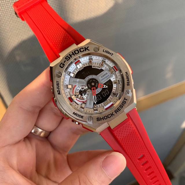 卡西欧gst-400G系列、G-Shock经典防震表盘设计、配合冲击视觉的强烈色彩、抬手自动亮灯、Lcd液晶显示盘、精确到1 0秒的秒表计速功能、防震、防磁、4