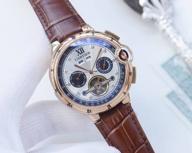 白壳 金壳 品牌：卡地亚-Cartier 类型：男士腕表 壳套：顶级版316精钢l 表带：进口小牛皮表带 机芯：全自动进口机械机芯 镜面：矿物质防刮镜面玻璃 尺