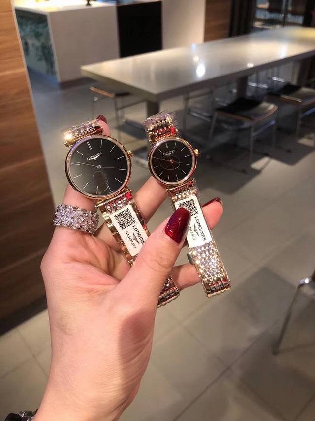 全钢 浪琴 新款longines 嘉兰系列，小清新 简约大方，品质精湛，采用原装瑞士石英机芯，顶级316精钢表壳，散珠带精钢实钢材料、男装34Mm，女装28Mm