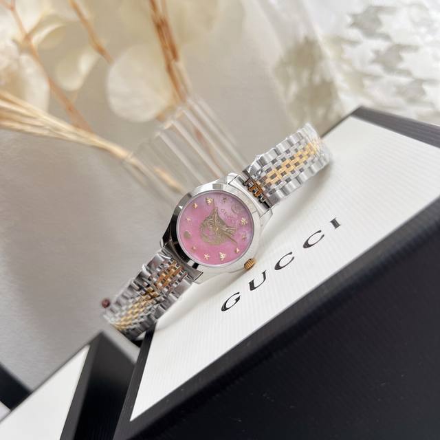 白壳 金色 Gucci古驰 Original Gucci,古驰g-Timeless系列，经典九珠表带，唯美三色表面专柜款 ，女28Mm表径男42Mm。