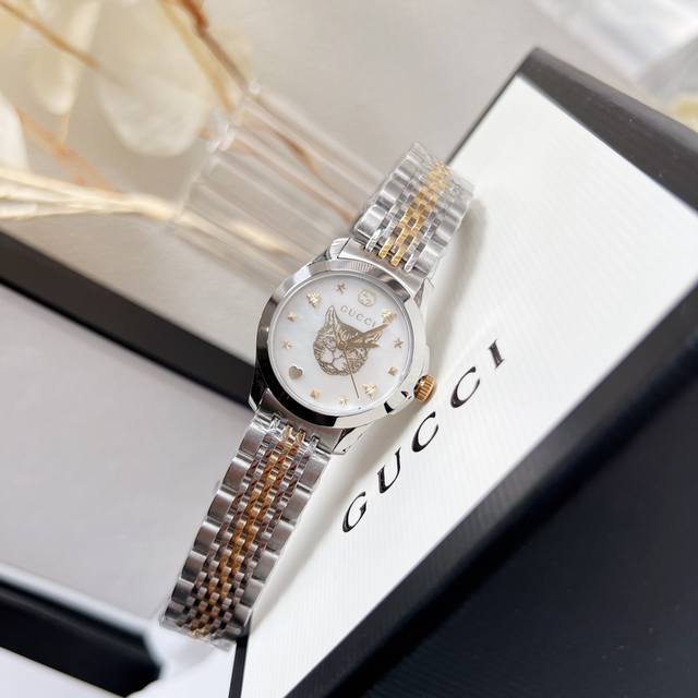白壳 金色 Gucci古驰 Original Gucci,古驰g-Timeless系列，经典九珠表带，唯美三色表面专柜款 ，女28Mm表径男42Mm。
