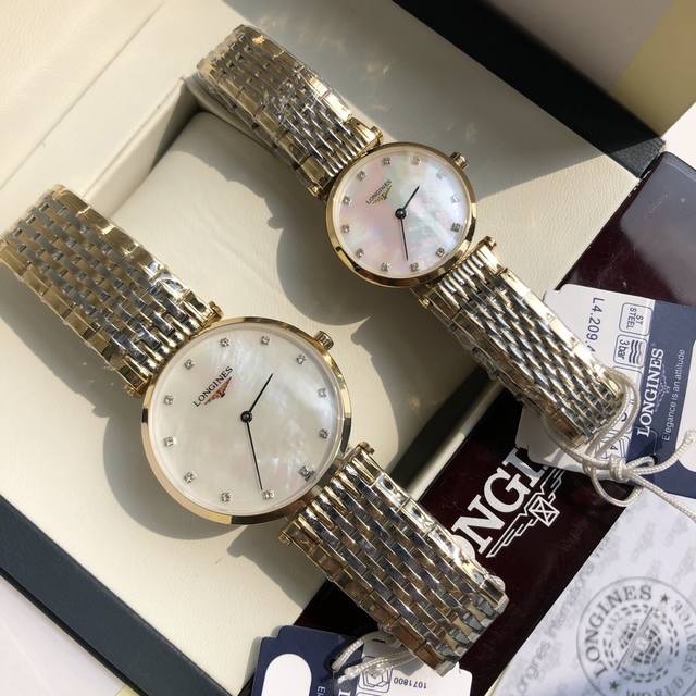 间金 浪琴-Longines嘉岚系列 ，瑞士石英 超薄型情侣对表 ，天然贝母表盘，316L精钢壳套 蓝宝石水晶镜面 防水 经典时尚 ，大号直径34Mm 小号直径