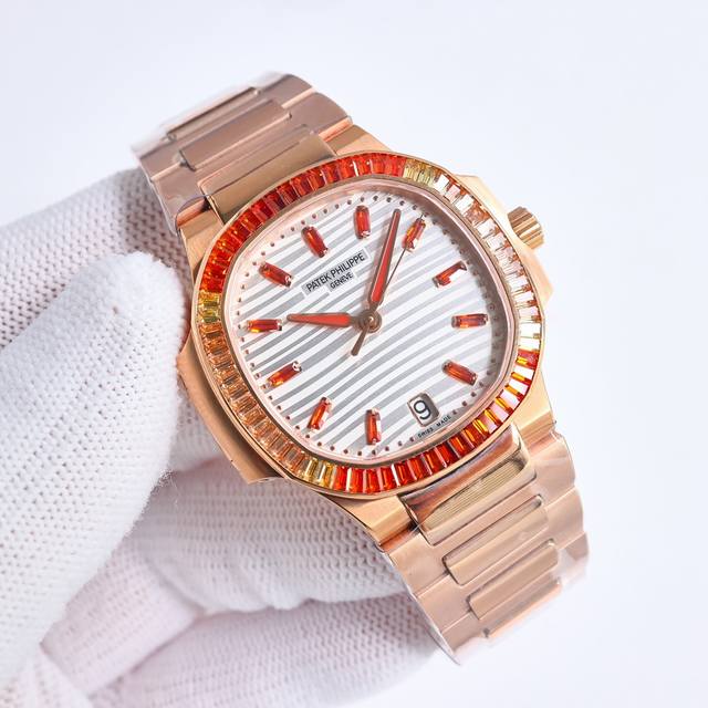 SJ出品 GR 百达翡丽 PP R69 Nautilus女式腕表推出全新珠宝款式 赠送价值288旅行便捷定制手表表盒 八角形表圈镶饰双排68颗长形锰铝榴石，呈现