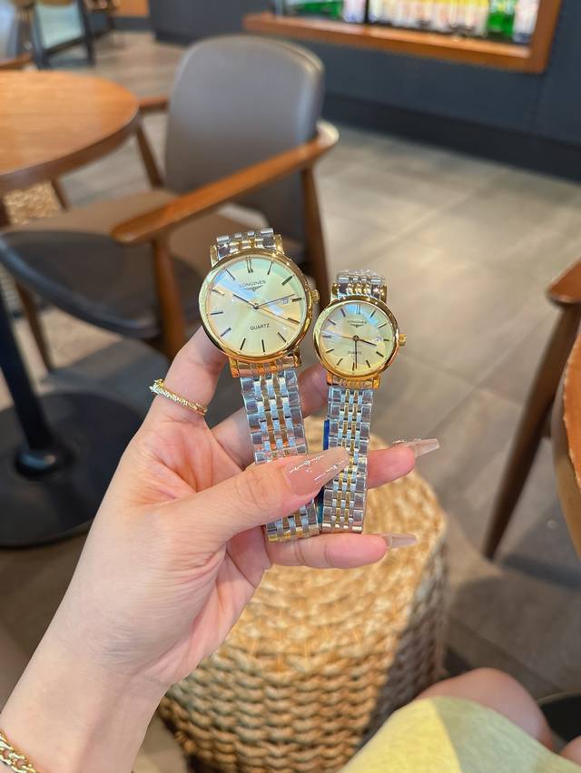 FFF金 钢带+20 钻+30 浪琴-LONGINES. 最新情侣款携手而来，简约精致，品质精湛，热卖全城，采用进口石英机芯，顶级316精钢表壳，进口小牛皮表带