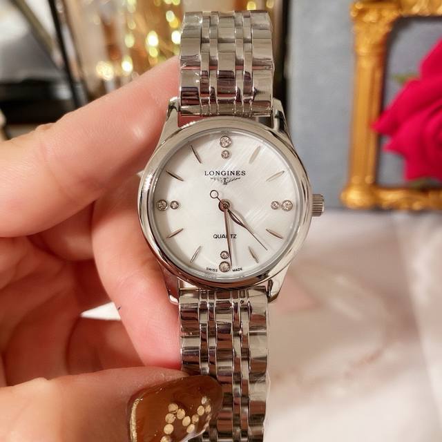 批白皮 玫 钢带20浪琴最新款 原装进口石英机 316L精钢表壳 矿物质超强玻璃镜面 进口真牛皮表带 女款直径30mm厚8mm