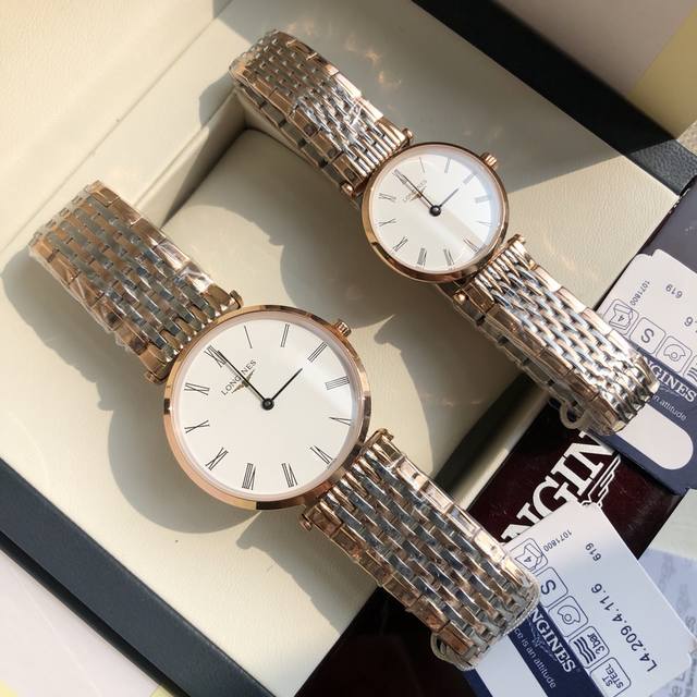 浪琴-Longines嘉岚系列 ，瑞士石英 超薄型情侣对表 ，天然贝母表盘，316L精钢壳套 蓝宝石水晶镜面 防水 经典时尚 ，大号直径34Mm 小号直径24.