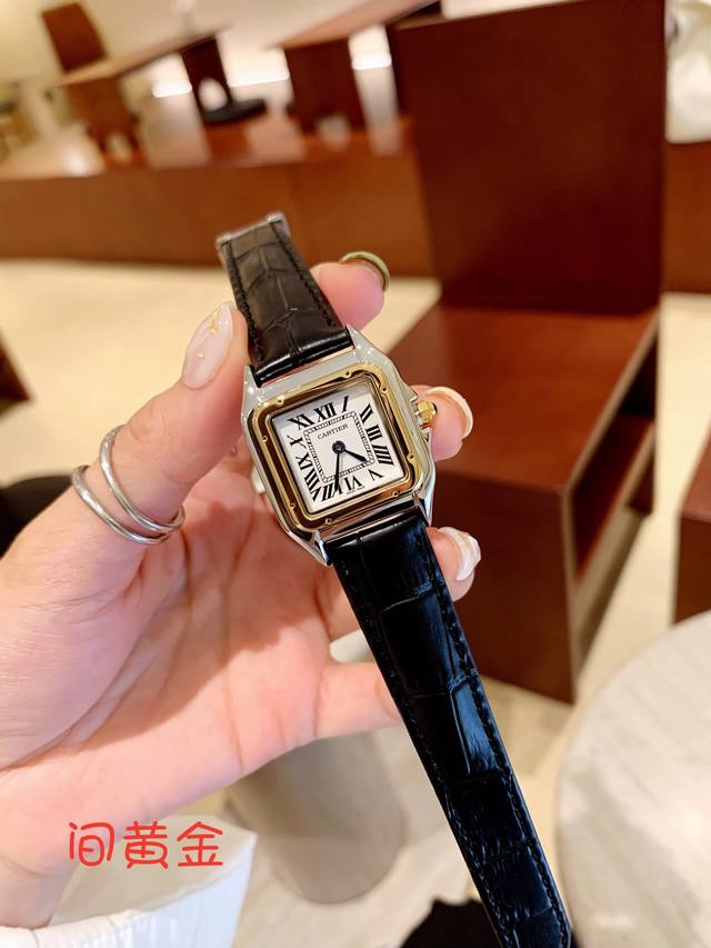 间黄金～～ Cartier、猎豹、竹节纹、螺丝底盖、原装钢扣、表盘：27*37Mm～
