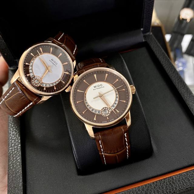 金壳+20钢带10 品牌：美度-Mido贝伦赛丽系列 类型：情侣腕表 壳套：顶级版316精钢L 表带：316L精钢表带 进口小牛皮 机芯：全自动进口机械机芯 镜