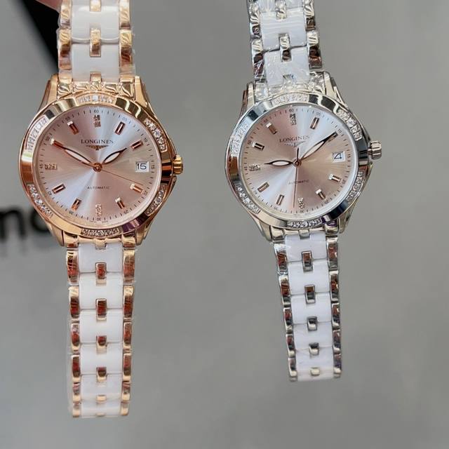 白 金 热卖款！浪琴-女神必备石英腕表 进口石英-3针机芯蓝宝石玻璃镜面316精钢镶钻表壳精钢结合陶瓷表带直径35Mm 厚度10Mm