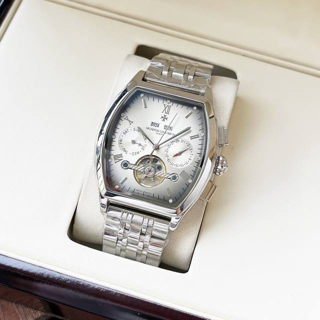 白壳 ，玫瑰金 。精致飞轮 高贵气质江诗丹顿-Vacheron Constsntin 男士腕表 全自动机械机芯 矿物强化玻璃 316L精钢表壳 精钢表带 时尚设