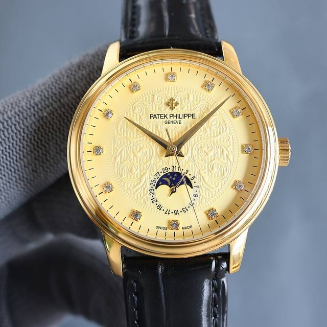 白 金 台湾厂力作，市场最高版本百达翡丽雕花最新推荐款，百达翡丽.月相系列.男士腕表简单不失大气搭载精准瑞士Eta2824-2机芯6字位真日历与24小时日月星辰