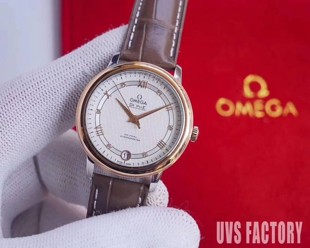 牛皮金白同价: 选配鳄鱼皮+100 钢带款:白 -金 全新升级绸缎纹面！美洲鳄鱼皮表带！ Uvs正品开模！欧米茄碟飞系列424.10.33.20.552 机芯：