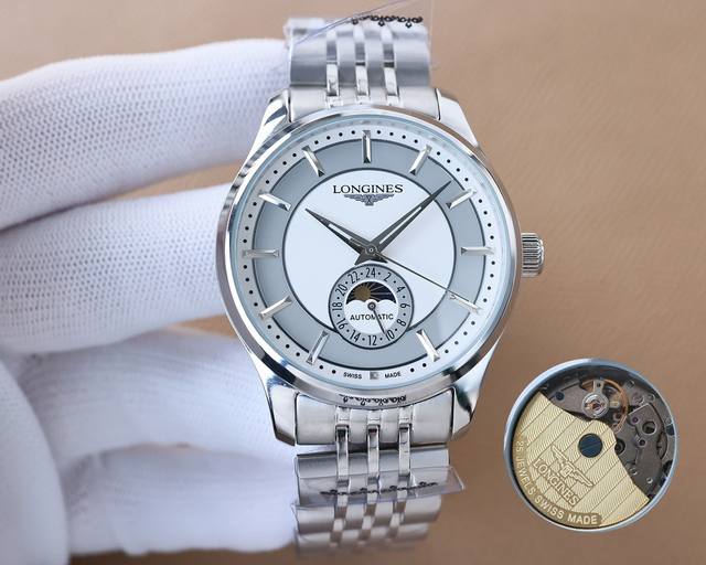 白壳 ，玫瑰金 ，钢带+20。经典复古 全新升级浪琴-Longines 男士腕表 全自动机械机芯 矿物强化玻璃 316L精钢表壳 精钢表带 简约时尚 商务休闲